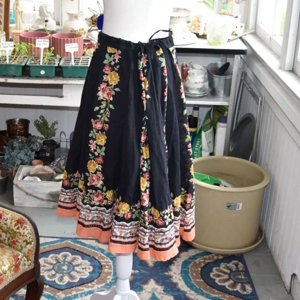 Blue Plate Y2K Boho Floral Circle Skirt Black Cotton India Size Large
